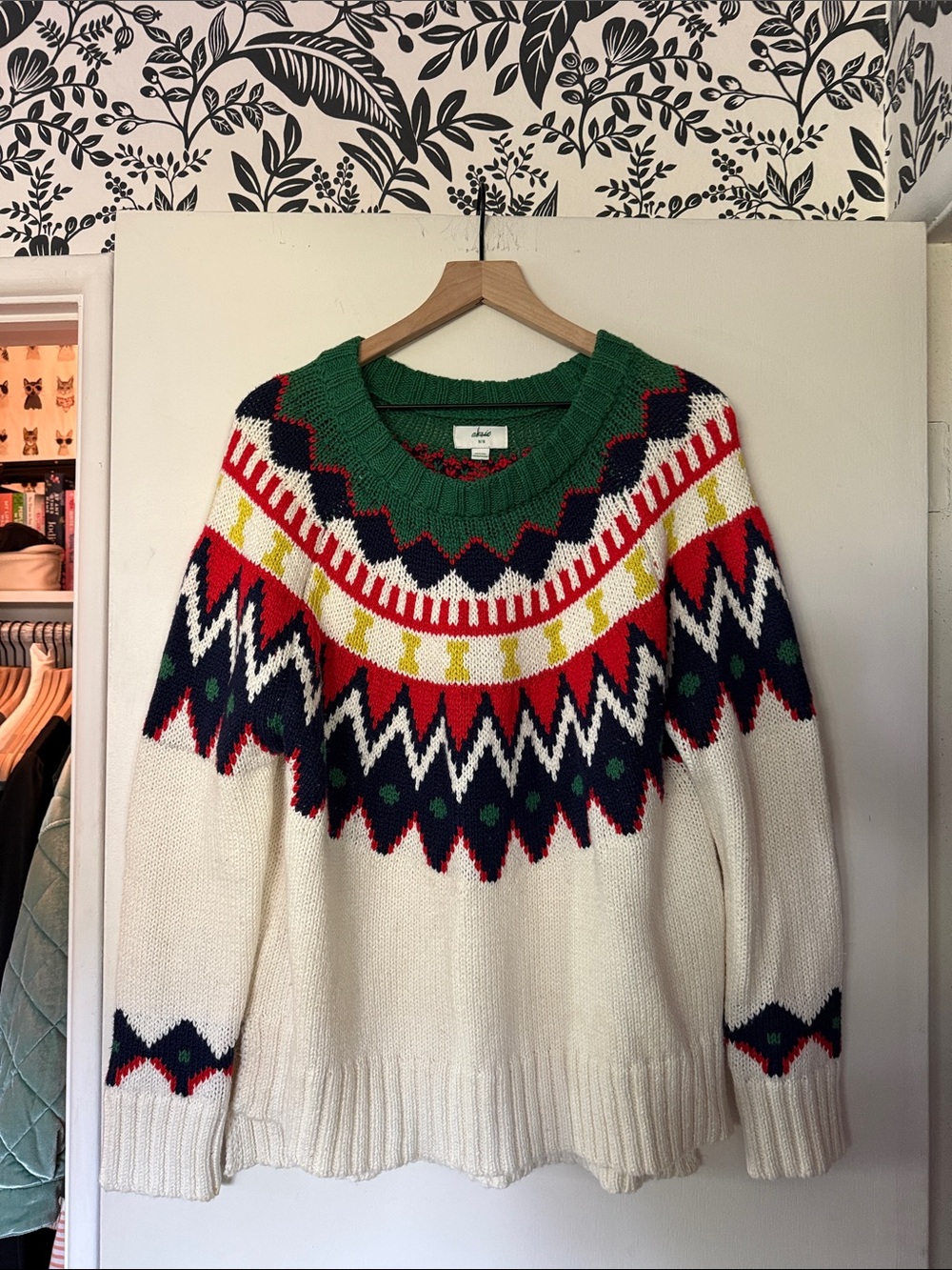 aerie Fair Isle Crewneck Sweater in Green, Red, Navy & Ivory